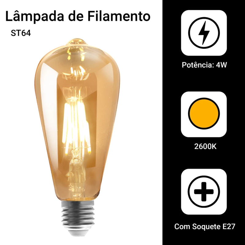 Kit 2 Lâmpadas Filamento Led Retrô Vintage St64 E27 Quente
