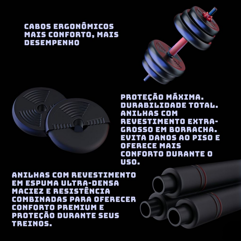 Kit Anilhas Barras de Halteres e Kettelbell Ajustáveis 6 em 1 TrainX Home