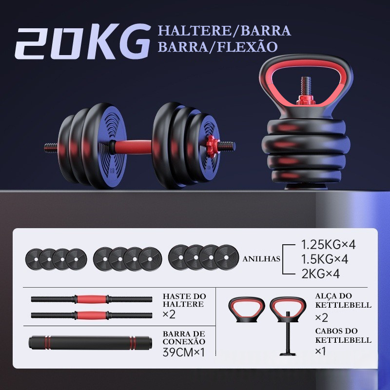Kit Anilhas Barras de Halteres e Kettelbell Ajustáveis 6 em 1 TrainX Home