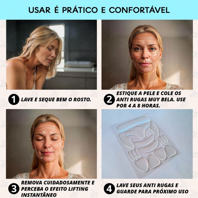 Silicone Lavável para Rugas do Rosto Adesivo Muy Bela Colágeno Natural Anti Marcas Reduz Rugas Skin Care Reutilizável