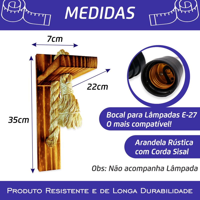 Arandela Luminária Parede Madeira Retrô Rústica Vintage E27
