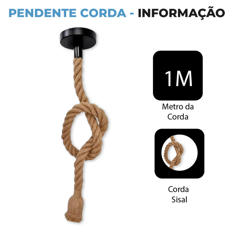 Pendente Corda 1M Retro Vintage Rústico Sisal E27 Para Decoração Com Detalhes Pérola Preta