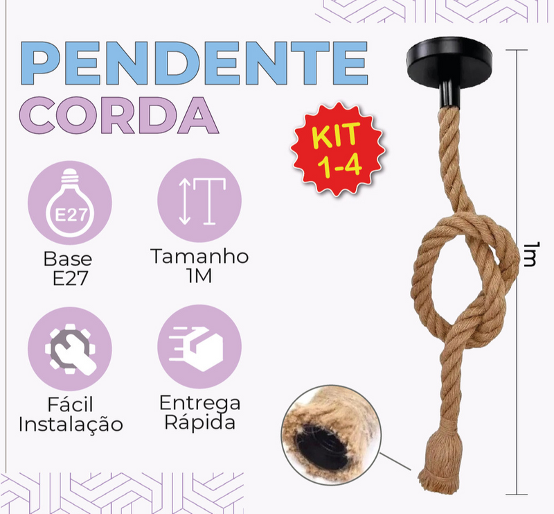 Pendente Corda 1M Retro Vintage Rústico Sisal E27 Para Decoração Com Detalhes Pérola Preta
